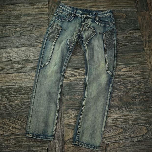 빈티지 워시드 패치 슬림핏 바이커진 바이커 데님 팬츠 청바지 M16790
