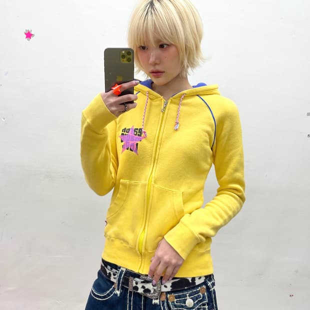 Retro Pink Star Yellow Hooded Zip-Up 