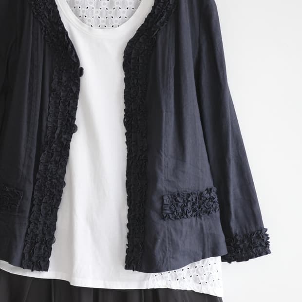 REIKO-TAKASHIMA 블랙 린넨 프릴 자켓