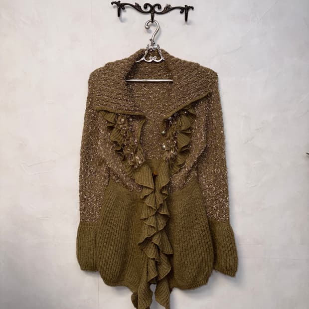 Beige grunge fairy ruffle duffle 가디건 