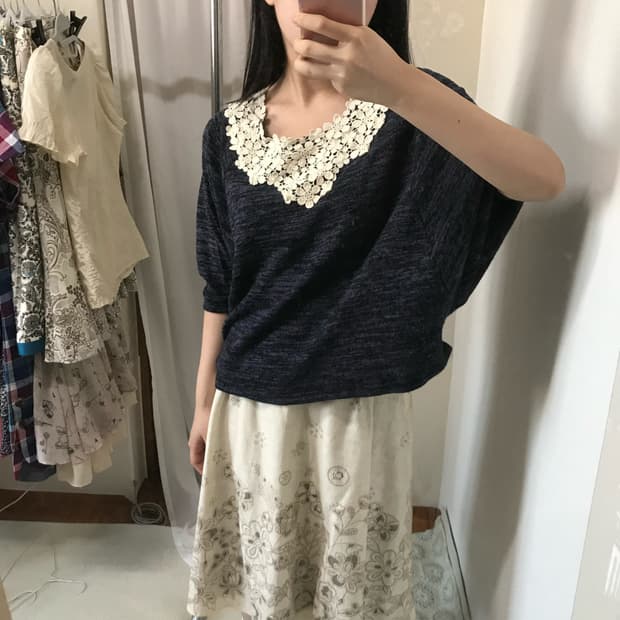 vintage navy over crochet knit top