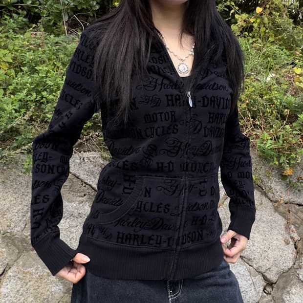2010s 할리데이비슨 벨벳 로고 블랙 후드 집업