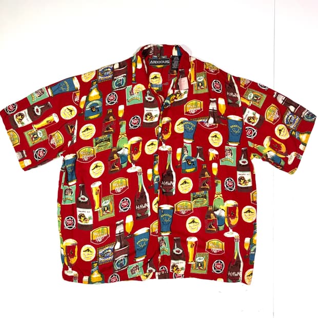 Anxious 레드 바틀 패턴 하와이안 셔츠 XL