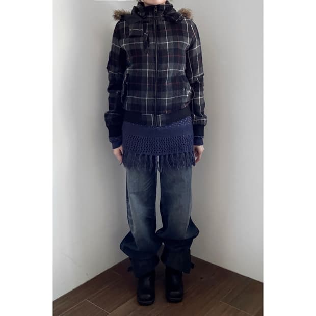 Fur Trimming Checkered Padding  