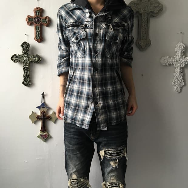 Hood layered check pattern shirt