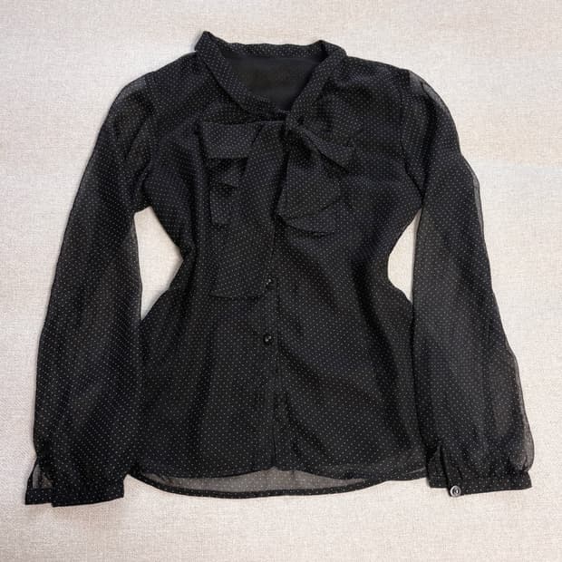 (이체시에눌) 일본 히메갸루 도트 블랙 시스루 프릴 레이스 블라우스