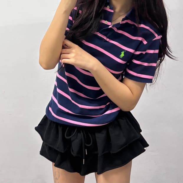 폴로 랄프로렌 네이비 핑크 스트라이프 pk 반팔 카라티(S)