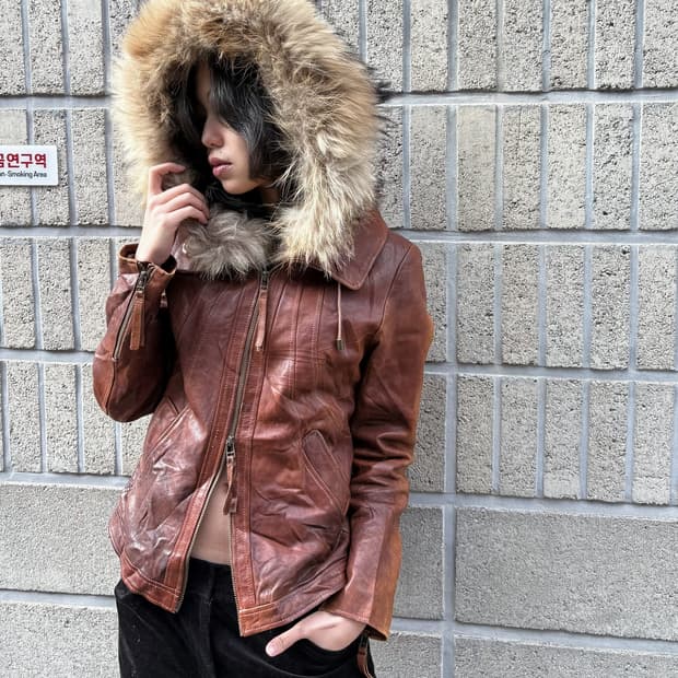 리얼 레더 퍼 후디 디테일 슬림자켓