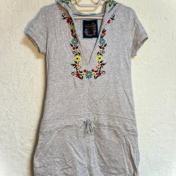 빈티지 히피 자수 후드 반팔 원피스