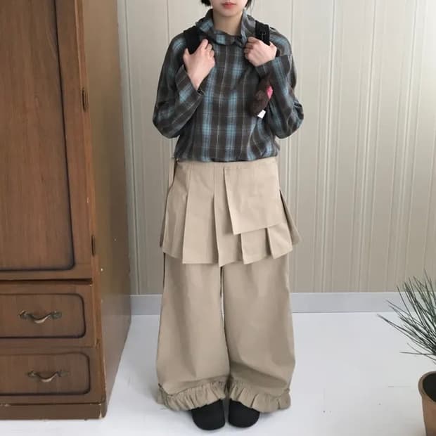레이어드 프릴 랩 스커트 와이드 팬츠 베이지