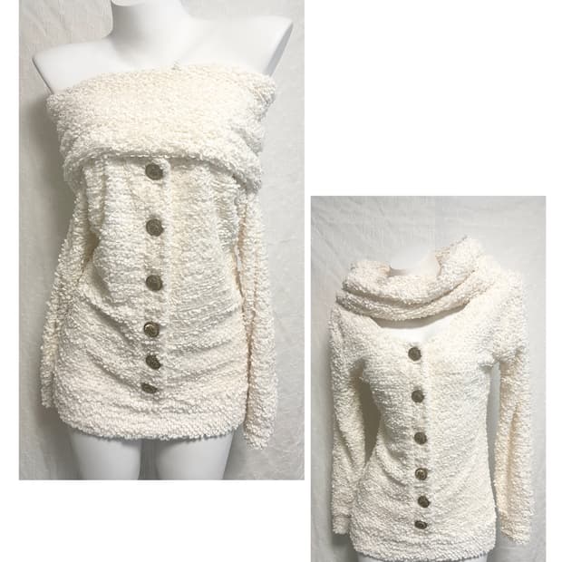 빈티지 갸루 금장 부클 니트 하이넥 오프숄더 원피스 탑