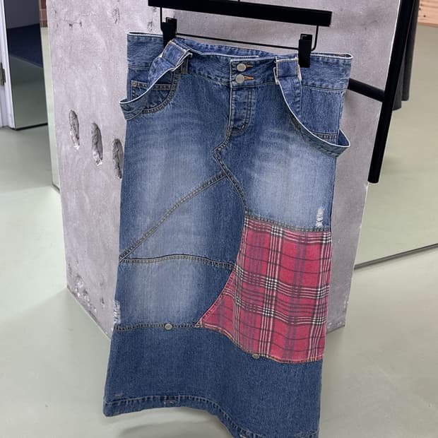 vintage denim maxi suspender skirt