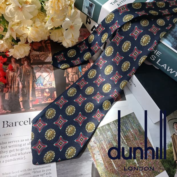 던힐 실크 네이비 태양 패턴 넥타이 9cm A+등급 E940