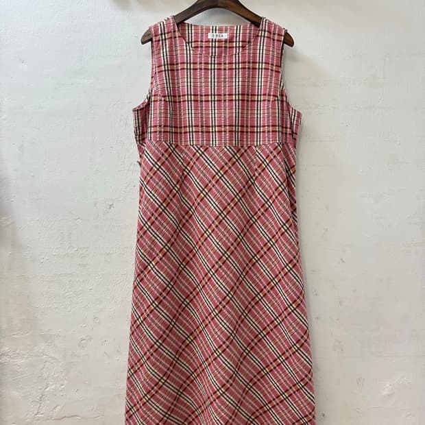 일본빈티지 핑크 체크 시어서커코튼100% 원피스