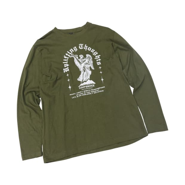 Uplifting Thoughts 엔젤 그래픽 카키 롱슬리브 티셔츠