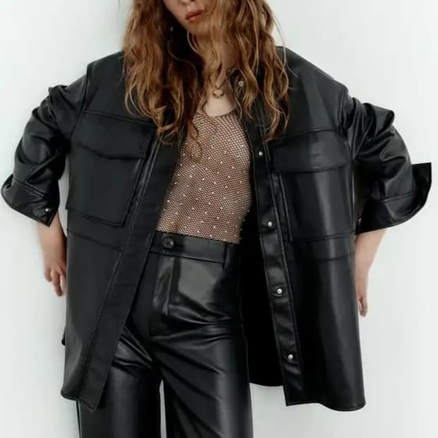 자라 에코 레더 오버 포켓 셔츠 자켓 블랙 M 미디움 정품 새상품 가죽