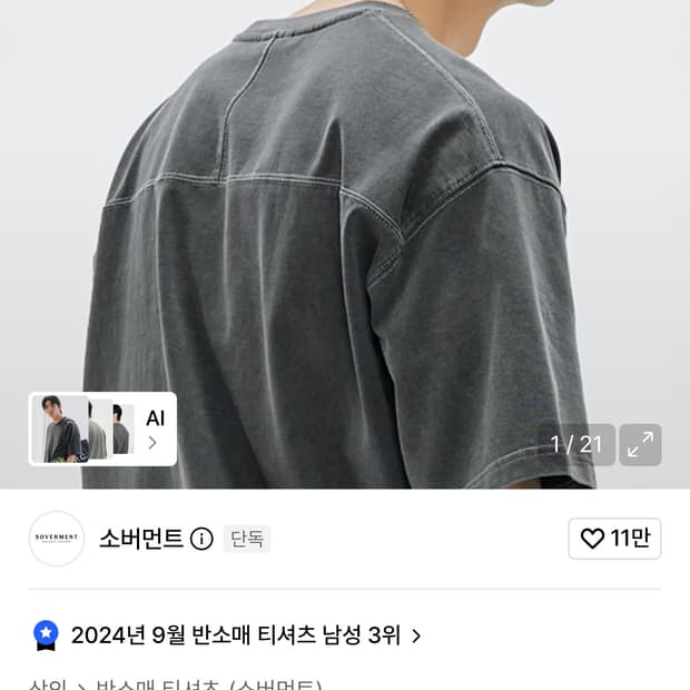 소버먼트 460G 피그먼트 티셔츠 L(105)