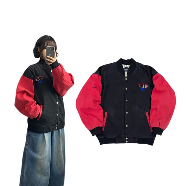 90s 올드스쿨 검빨 배색 코튼 바시티 자켓
