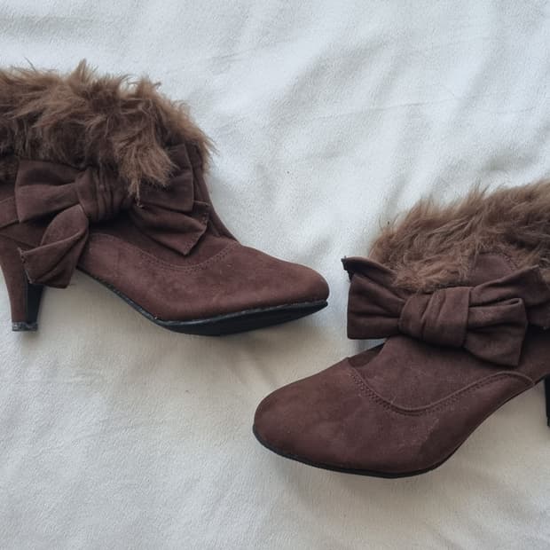 빈티지 초코 갸루 브라운 퍼 리본 부츠