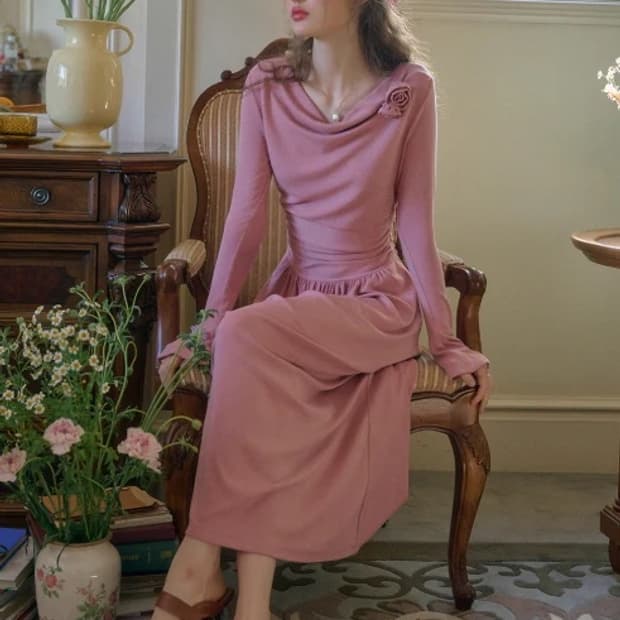 Simple Retro 장미 장식 드레스