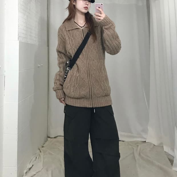 (세트 할인 가능) 빈티지 베이지 니트 누빔 집업