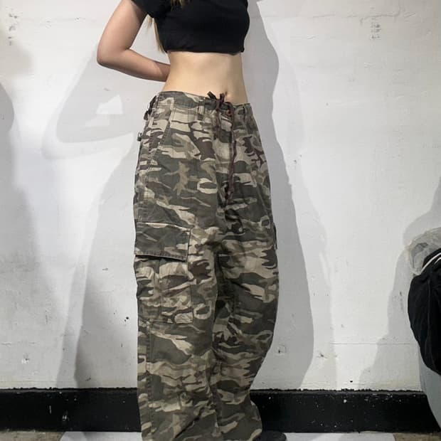빈티지 베이지 카모 카고 와이드 팬츠 M