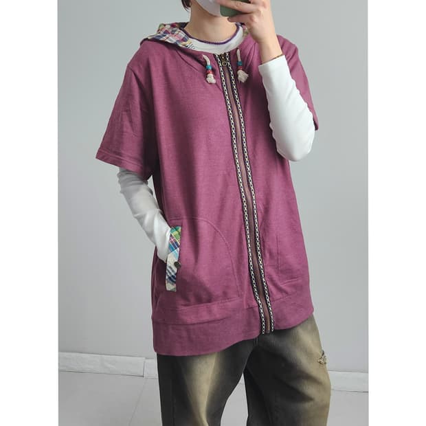 체크 후드 집업