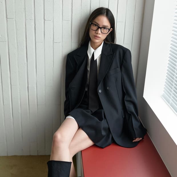 마조네 보이프렌드 더블 버튼 자켓 블랙