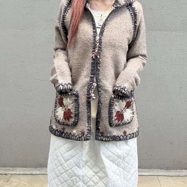 모리 하구미 단풍 스티치 울 니트 후드집업