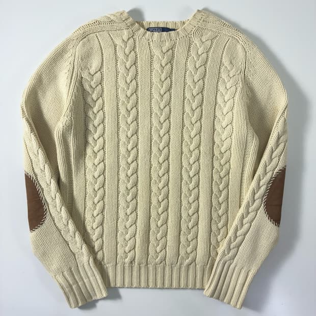 Polo  폴로 랄프로렌 엘보패치 울 꽈배기 니트  