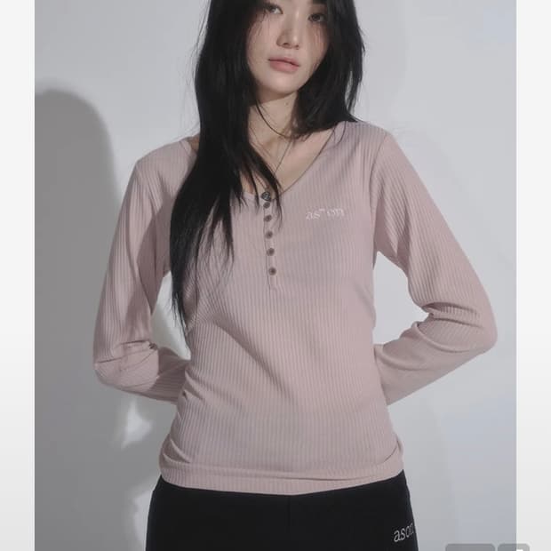 애즈온 wish ribbed button tee 핑크