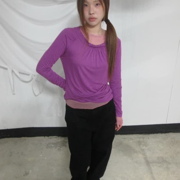 Shirring Purple Slub Long Sleeve