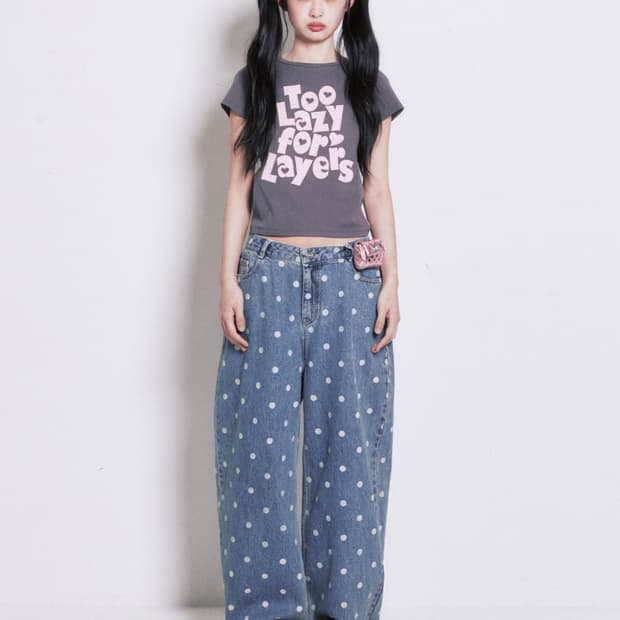 유희 check applique lettering t-shirts