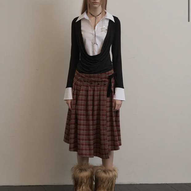 셋업이엑스이 check wrap skirt 레드 체크 랩 스커트