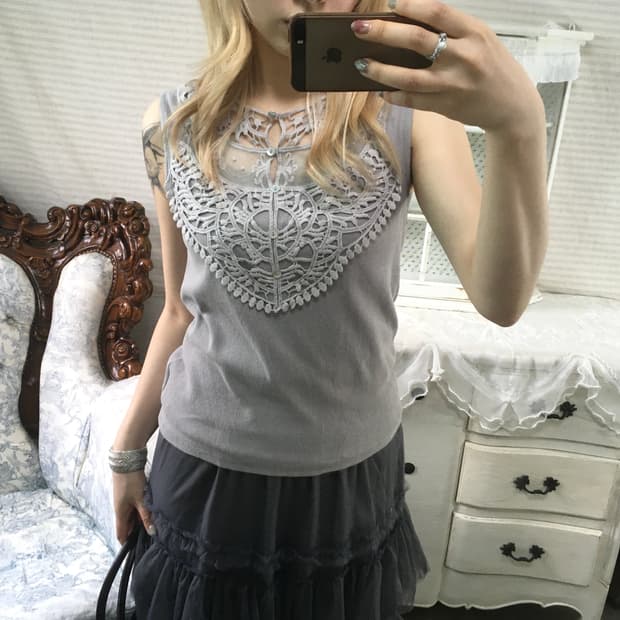 일본빈티지 뮤트 그레이 레이스 슬리브리스