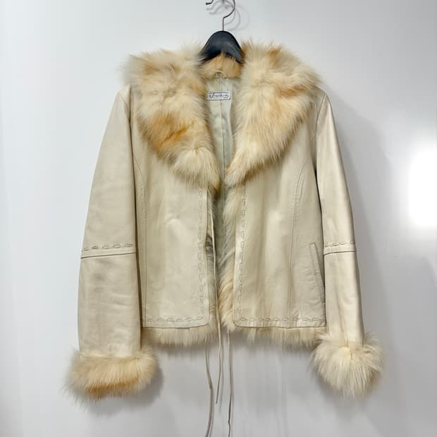 빈티지 리얼레더 트리밍 퍼 자켓, 아이보리, S~M