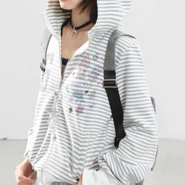 Asaky Prezaky 스트라이프 크롭 후드집업
