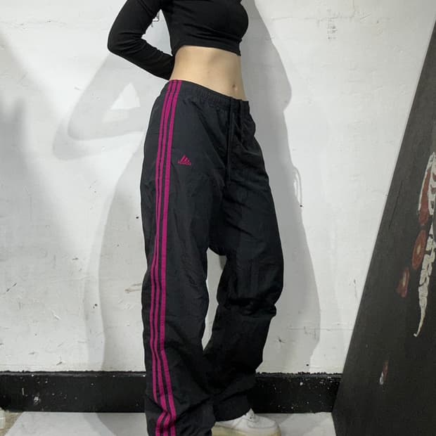 아디다스 블랙 핑크 삼선 와이드 트랙 팬츠 추리닝 바지 M