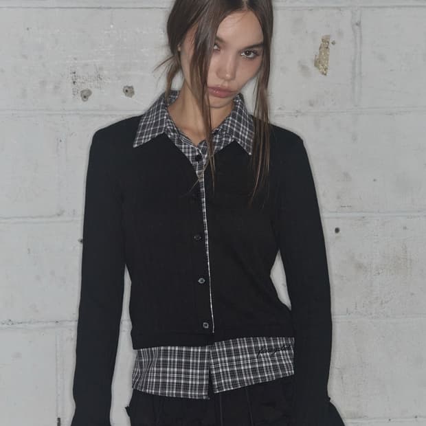 팬시클럽 체크 셔츠 레이어드 가디건 블랙 니트 와이셔츠 무신사