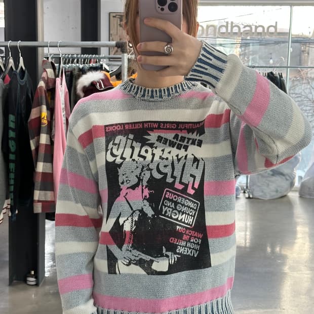 히스테릭글래머 오리지널블루 카툰로고 피그먼트워시드 데님 스트라이프 니트