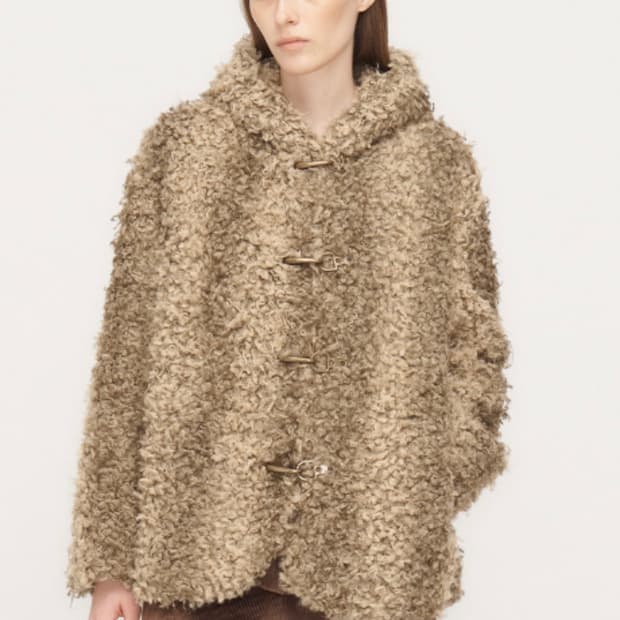 SHEARLING HOODED DUFFLE JACKET, BROWN