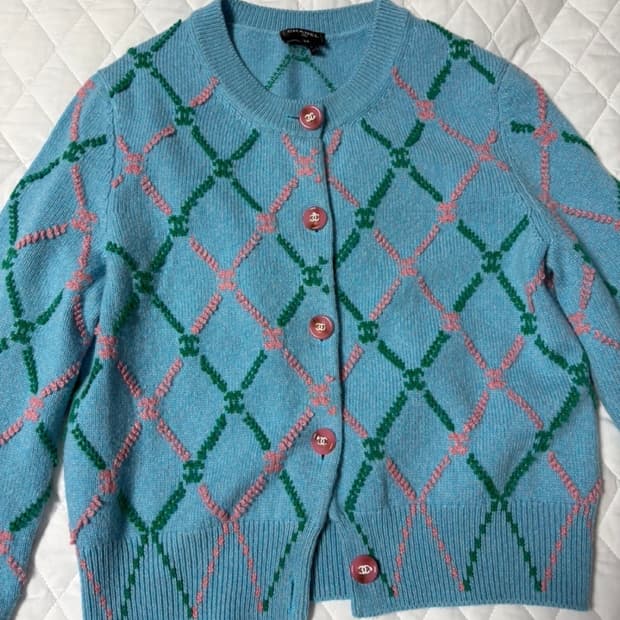 샤넬 민트 체크 가디건 38