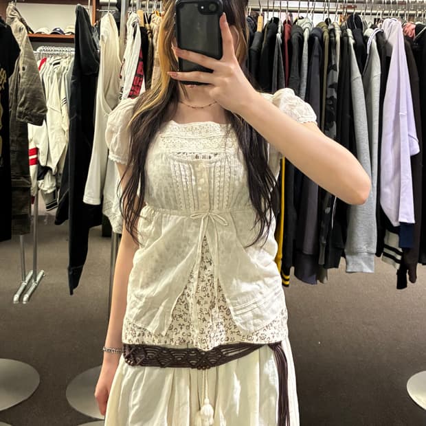 38)Japanese vintage 여성 레이스 디테일 반팔 블라우스