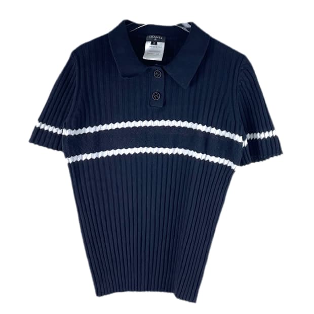 [38] CHANEL 샤넬 코코 버튼 커브스 카라 반팔 니트