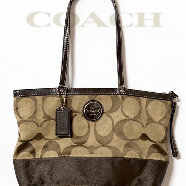 코치 시그니처 브라운 자카드 토트백 빈티지 Y2K