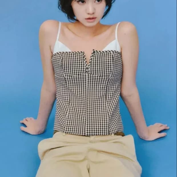 택새상품 자라 깅엄 체크 콤비 엘라스틱 탑 