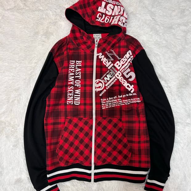 check pattern lettering hood zip-up