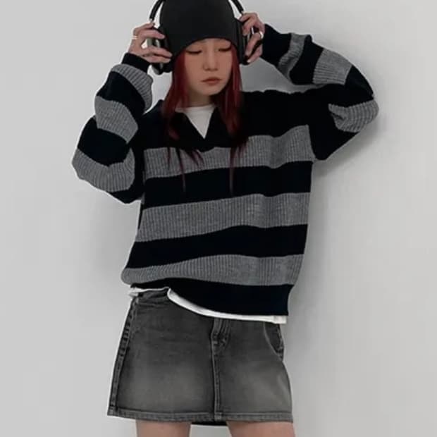 블랙업 [made] 오레뉴 스트라이프 카라 니트