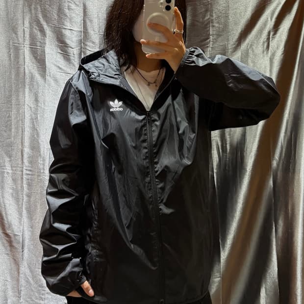 M 아디다스 파이어버드 빅로고 블랙 후드 바람막이