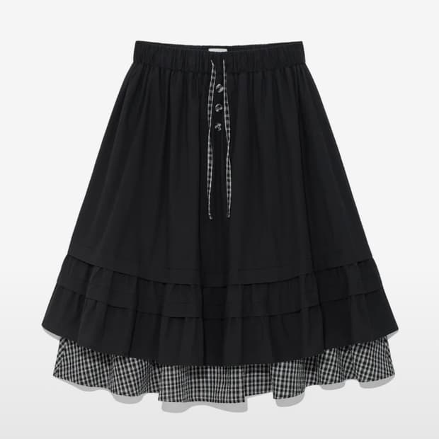 더콜디 check pintuck layered skirt black